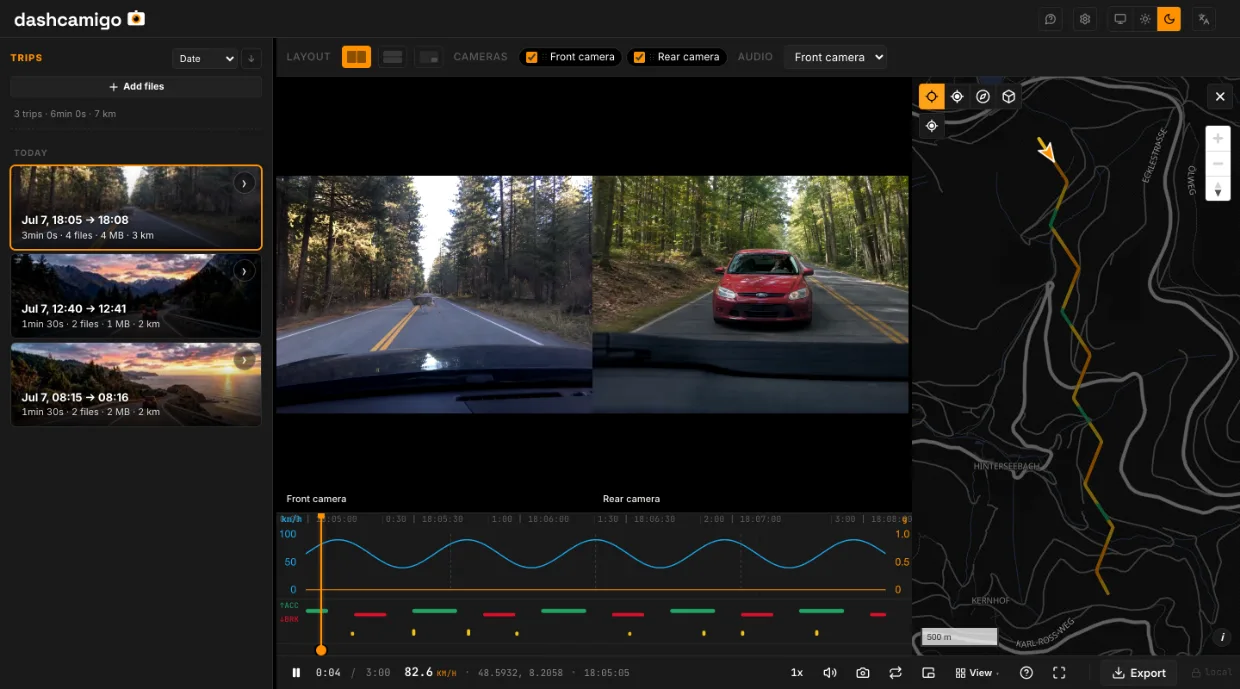 dashcamigo en un ordenador: cámara frontal y trasera lado a lado, la ruta en el mapa y el gráfico de velocidad