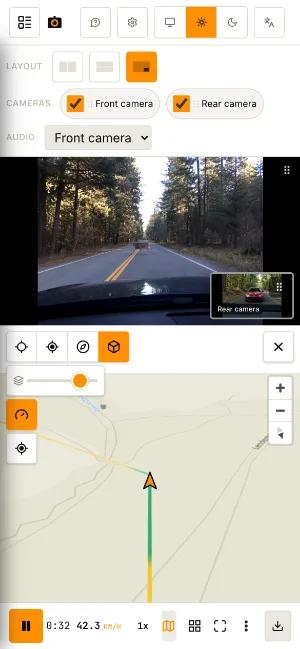 dashcamigo en un móvil: el reproductor con el mapa de la ruta